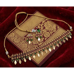Gold Rodium Polish Green, Red and Maroon color Necklace in Copper studded with Beads, CZ Diamond