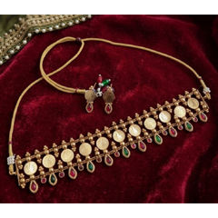 Gold Rodium Polish Green, Red and Maroon color Necklace in Copper studded with Beads, CZ Diamond