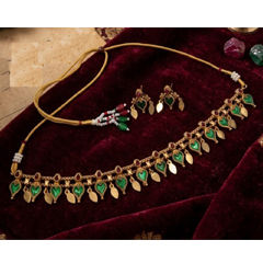 Gold Rodium Polish Green color Necklace in Copper studded with Beads, CZ Diamond