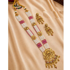 Gold Rodium Polish Pink and Majenta color Necklace in Copper studded with Beads, CZ Diamond