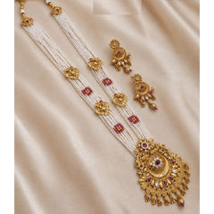 Gold Rodium Polish Red and Maroon color Necklace in Copper studded with Beads, CZ Diamond