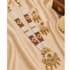 Gold Rodium Polish Red and Maroon color Necklace in Copper studded with Beads, CZ Diamond