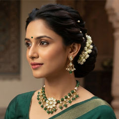 Gold Rodium Polish Green color Necklace in Metal Alloy studded with Kundan, Pearl