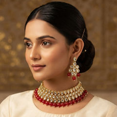 Gold Rodium Polish Red and Maroon color Necklace in Metal Alloy studded with Kundan, Pearl