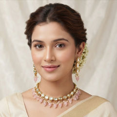 Gold Rodium Polish Pink and Majenta color Necklace in Metal Alloy studded with Kundan, Pearl