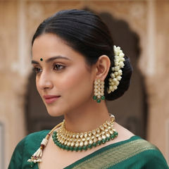 Gold Rodium Polish Green color Necklace in Metal Alloy studded with Kundan, Pearl