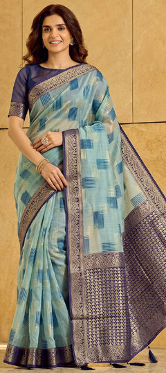Blue color Saree in Cotton, Linen fabric with Weaving work
