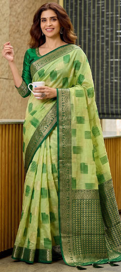 Green color Saree in Cotton, Linen fabric with Weaving work