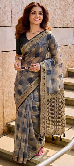 Black and Grey color Saree in Cotton, Linen fabric with Weaving work