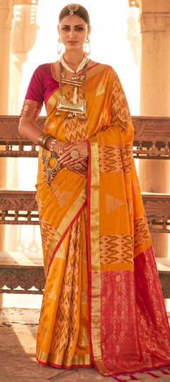 Orange color Saree in Silk fabric with Weaving work
