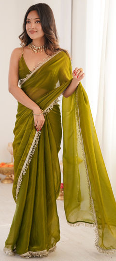 Green color Saree in Tissue fabric with Lace, Sequence work