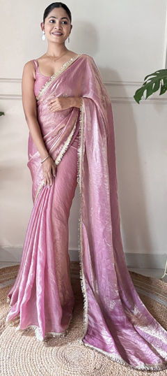 Pink and Majenta color Saree in Tissue fabric with Lace, Sequence work