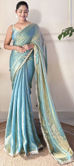 Blue color Saree in Tissue fabric with Lace, Sequence work