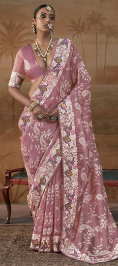 Pink and Majenta color Saree in Silk fabric with Embroidered, Sequence work