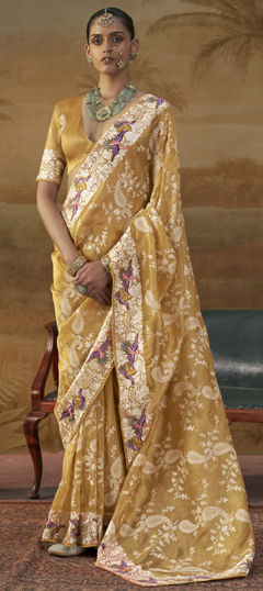 Yellow color Saree in Silk fabric with Embroidered, Sequence work