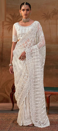White and Off White color Saree in Net fabric with Embroidered, Sequence work