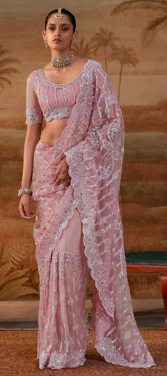 Pink and Majenta color Saree in Net fabric with Embroidered, Sequence work