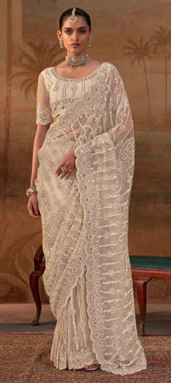 White and Off White color Saree in Net fabric with Embroidered, Sequence work