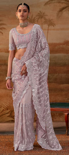 Beige and Brown color Saree in Net fabric with Embroidered, Sequence work