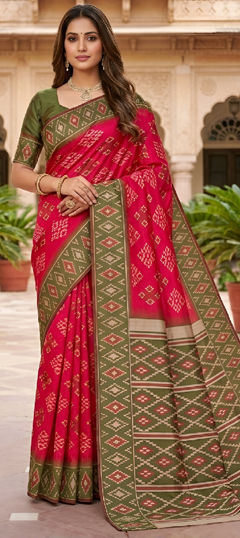 Red and Maroon color Saree in Blended fabric with Printed, Weaving work