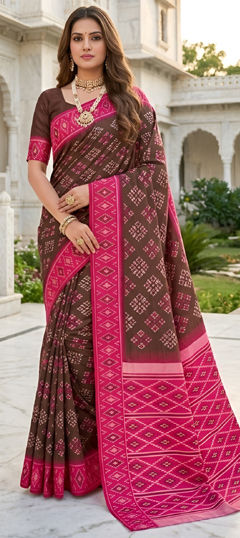Beige and Brown, Pink and Majenta color Saree in Blended fabric with Printed, Weaving work