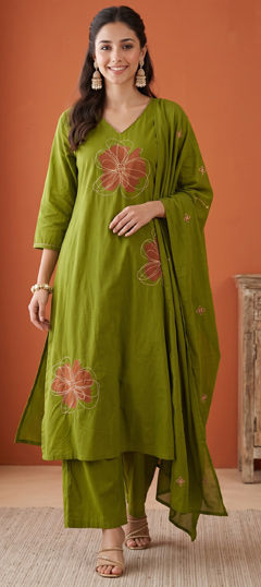 Green color Salwar Kameez in Cotton fabric with Embroidered work