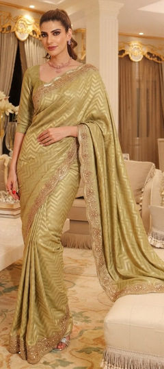 Green color Saree in Kanjeevaram Silk fabric with Border, Bugle Beads, Cut Dana, Embroidered, Sequence work