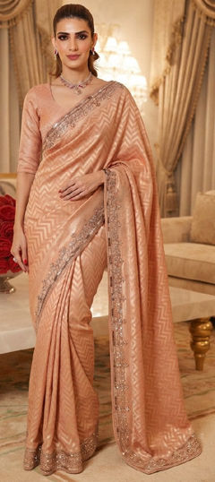 Pink and Majenta color Saree in Kanjeevaram Silk fabric with Border, Bugle Beads, Cut Dana, Embroidered, Sequence work