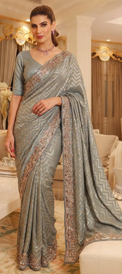 Black and Grey color Saree in Kanjeevaram Silk fabric with Border, Bugle Beads, Cut Dana, Embroidered, Sequence work