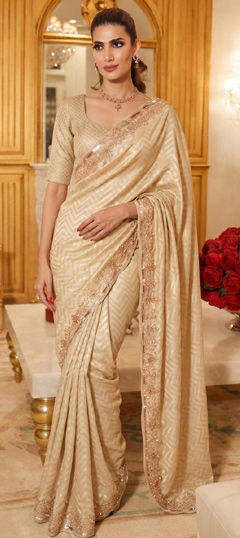 White and Off White color Saree in Kanjeevaram Silk fabric with Border, Bugle Beads, Cut Dana, Embroidered, Sequence work