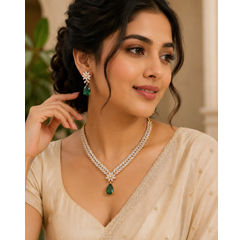 Gold Rodium Polish Green color Necklace in Metal Alloy studded with Austrian diamond