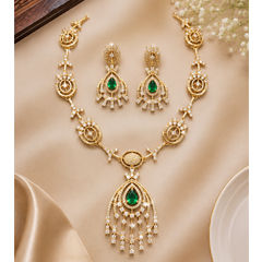 Gold Rodium Polish Green color Necklace in Metal Alloy studded with Austrian diamond