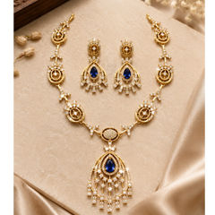 Gold Rodium Polish Blue color Necklace in Metal Alloy studded with Austrian diamond
