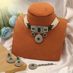 Gold Rodium Polish Green color Necklace in Metal Alloy studded with CZ Diamond