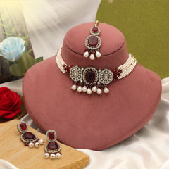 Gold Rodium Polish Red and Maroon color Necklace in Metal Alloy studded with CZ Diamond, Pearl