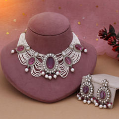 Gold Rodium Polish Pink and Majenta color Necklace in Metal Alloy studded with CZ Diamond, Pearl