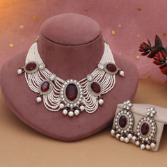 Gold Rodium Polish Red and Maroon color Necklace in Metal Alloy studded with CZ Diamond, Pearl