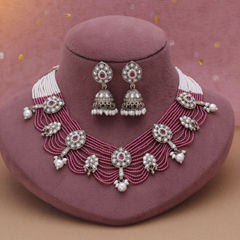 Gold Rodium Polish Pink and Majenta color Necklace in Metal Alloy studded with CZ Diamond, Pearl