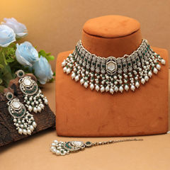 Gold Rodium Polish Green color Necklace in Metal Alloy studded with CZ Diamond, Kundan, Pearl
