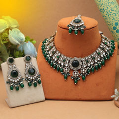 Gold Rodium Polish Green color Necklace in Metal Alloy studded with CZ Diamond, Kundan, Pearl