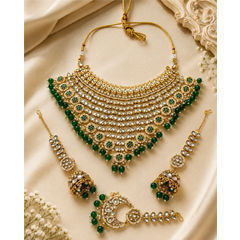 Gold Rodium Polish Green color Necklace in Metal Alloy studded with CZ Diamond, Kundan, Pearl