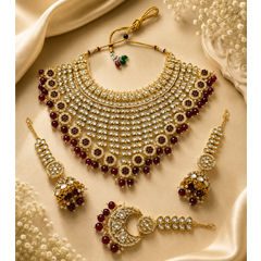 Gold Rodium Polish Red and Maroon color Necklace in Metal Alloy studded with CZ Diamond, Kundan, Pearl