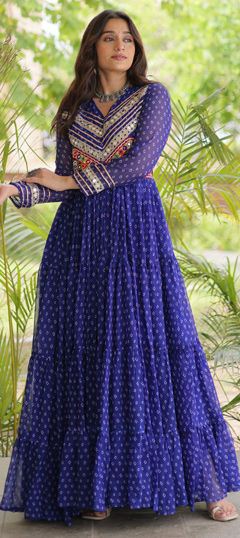 Blue color Gown in Faux Georgette fabric with Bandhej, Mirror, Patch, Printed work