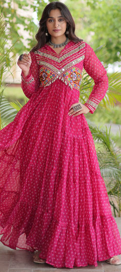 Pink and Majenta color Gown in Faux Georgette fabric with Bandhej, Mirror, Patch, Printed work