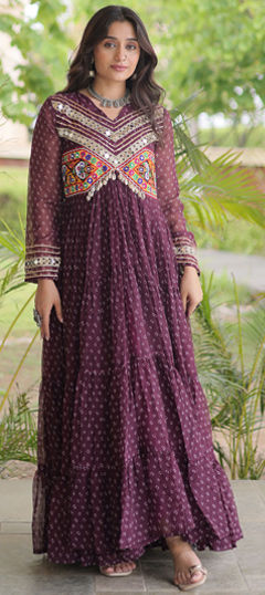 Purple and Violet color Gown in Faux Georgette fabric with Bandhej, Mirror, Patch, Printed work