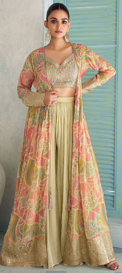 White and Off White color Salwar Kameez in Chinon Silk fabric with Embroidered, Printed work