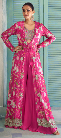 Pink and Majenta color Salwar Kameez in Chinon Silk fabric with Embroidered, Printed work