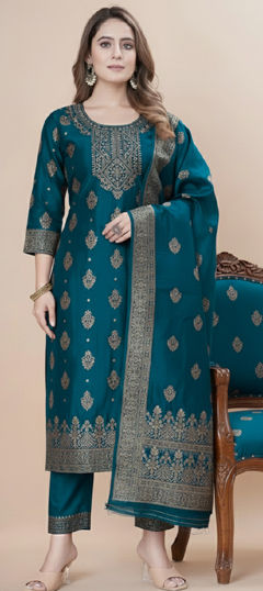 Blue color Salwar Kameez in Jacquard fabric with Weaving work