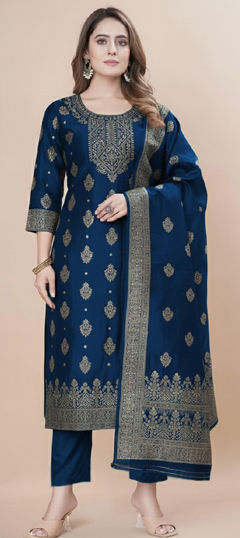 Blue color Salwar Kameez in Jacquard fabric with Weaving work