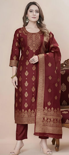 Red and Maroon color Salwar Kameez in Jacquard fabric with Weaving work